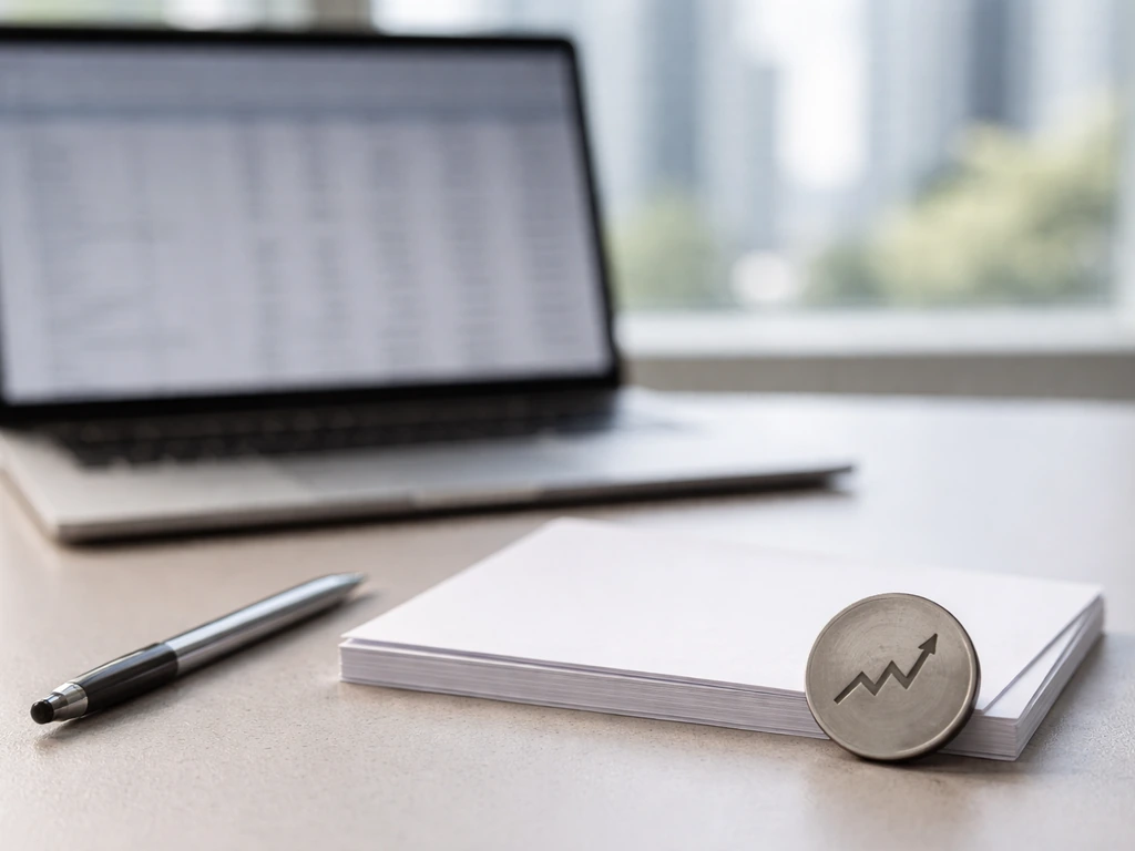Close-up of a business desk with a laptop and financial documents suggesting verified insider shareholdings.