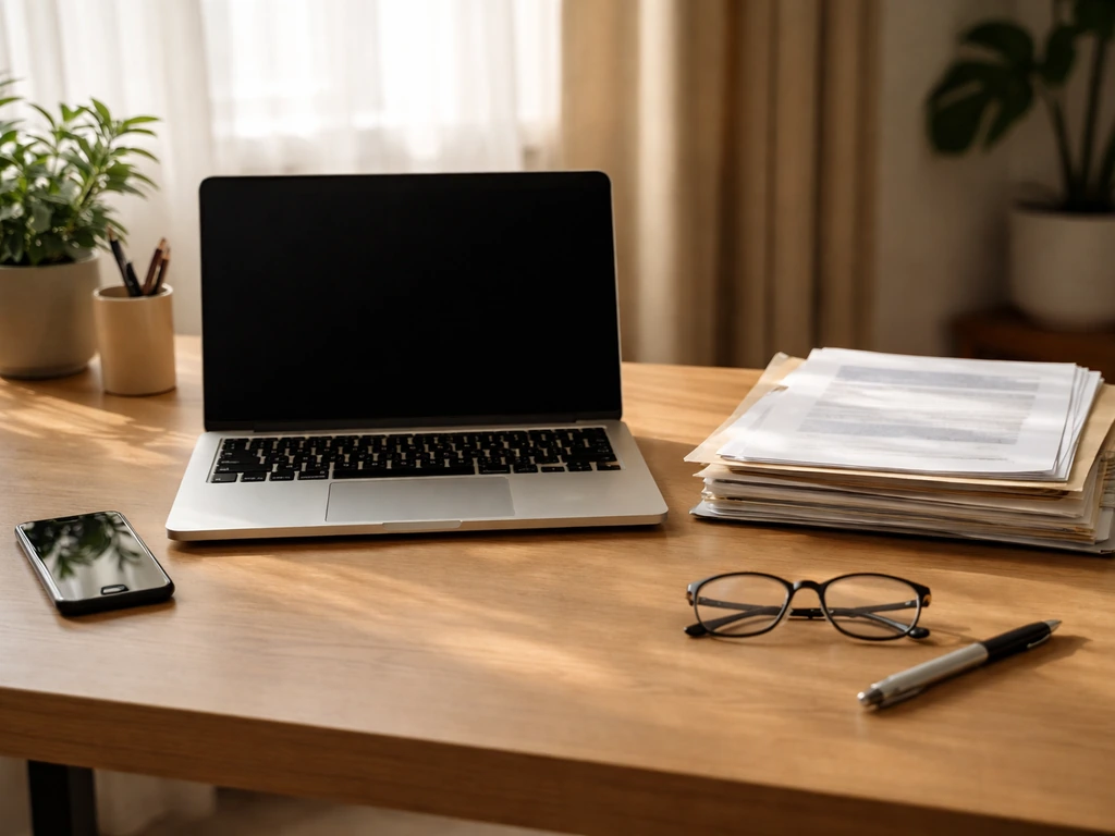 Minimal desk scene with laptop, smartphone, and documents suggesting DIY checking of business filings.