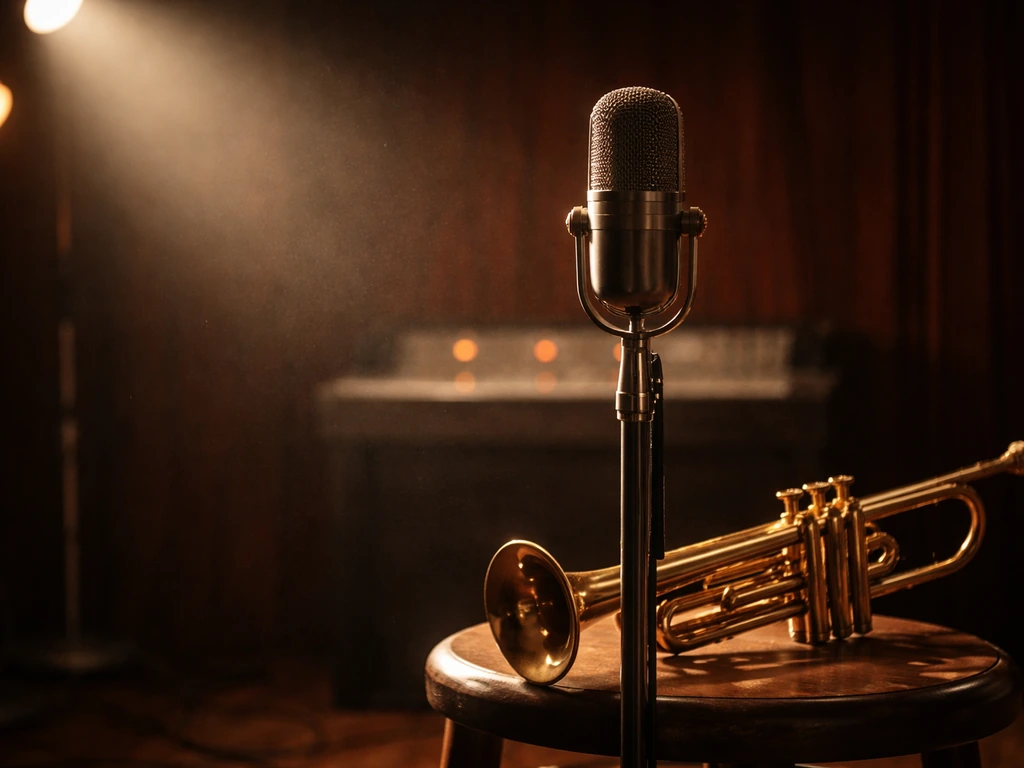 Vintage-style recording studio scene with a microphone and trumpet on a stand, symbolizing Louis Prima’s legacy