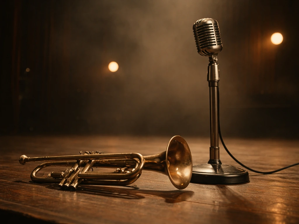 Vintage music performer microphone and brass trumpet in a dim stage setting with warm lighting