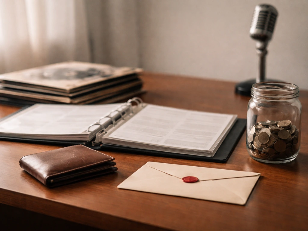 Minimal desk scene with vinyl records, binder, wallet, coins, and a microphone symbolizing differing net worth estimates
