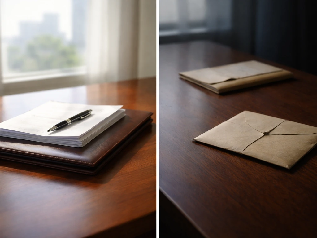 Minimal desk with brighter peak-side papers and darker far-side sealed documents showing time contrast.