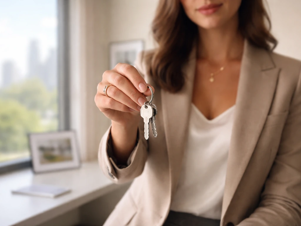 Anonymous luxury real estate professional in a bright office, holding keys, with a blurred city view outside.