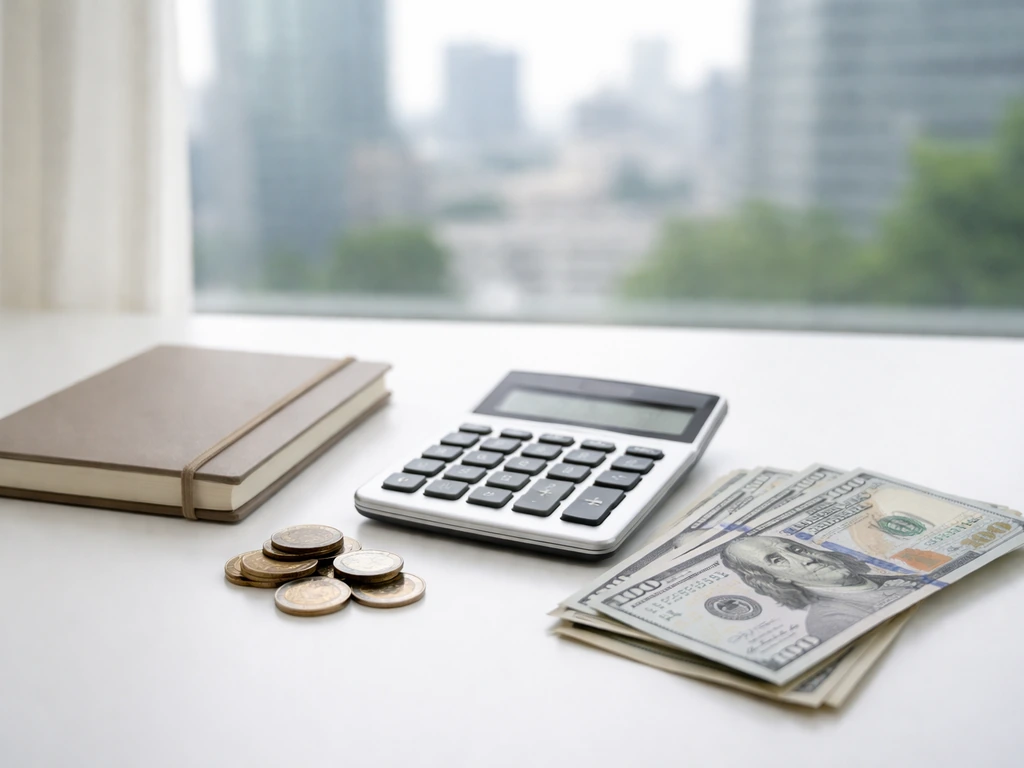 Minimal desk scene with calculator and scattered cash, symbolizing net worth range estimates