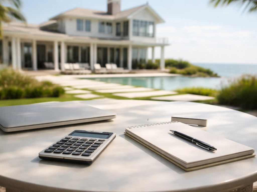 Minimal photo of a luxury beachfront house exterior with a pen and calculator on a small table