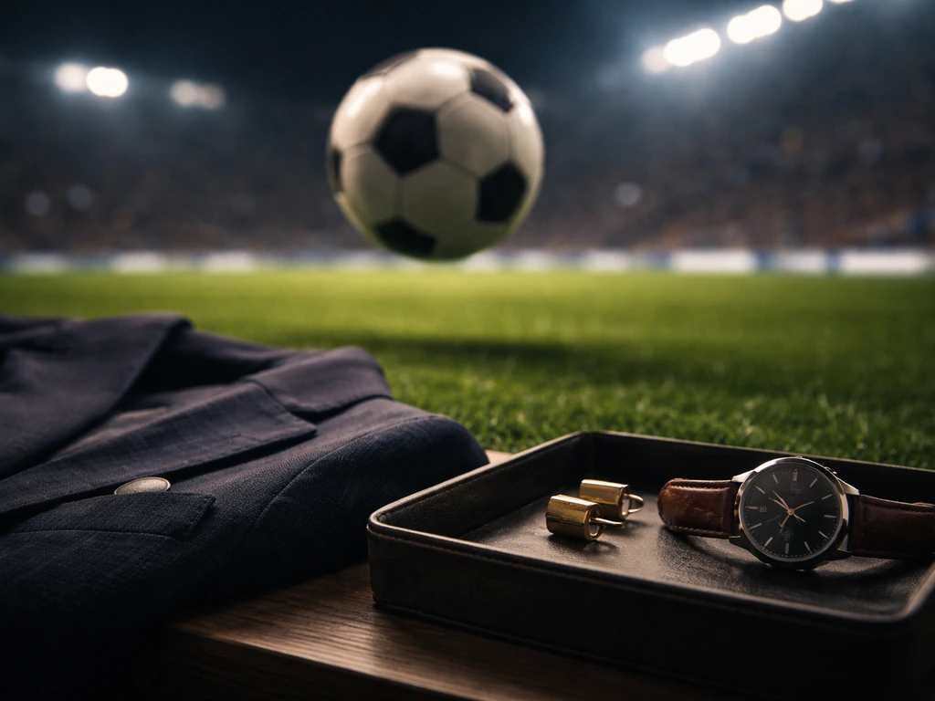 Dramatic soccer moment beside luxury financial symbols, evoking an estimated net worth context.