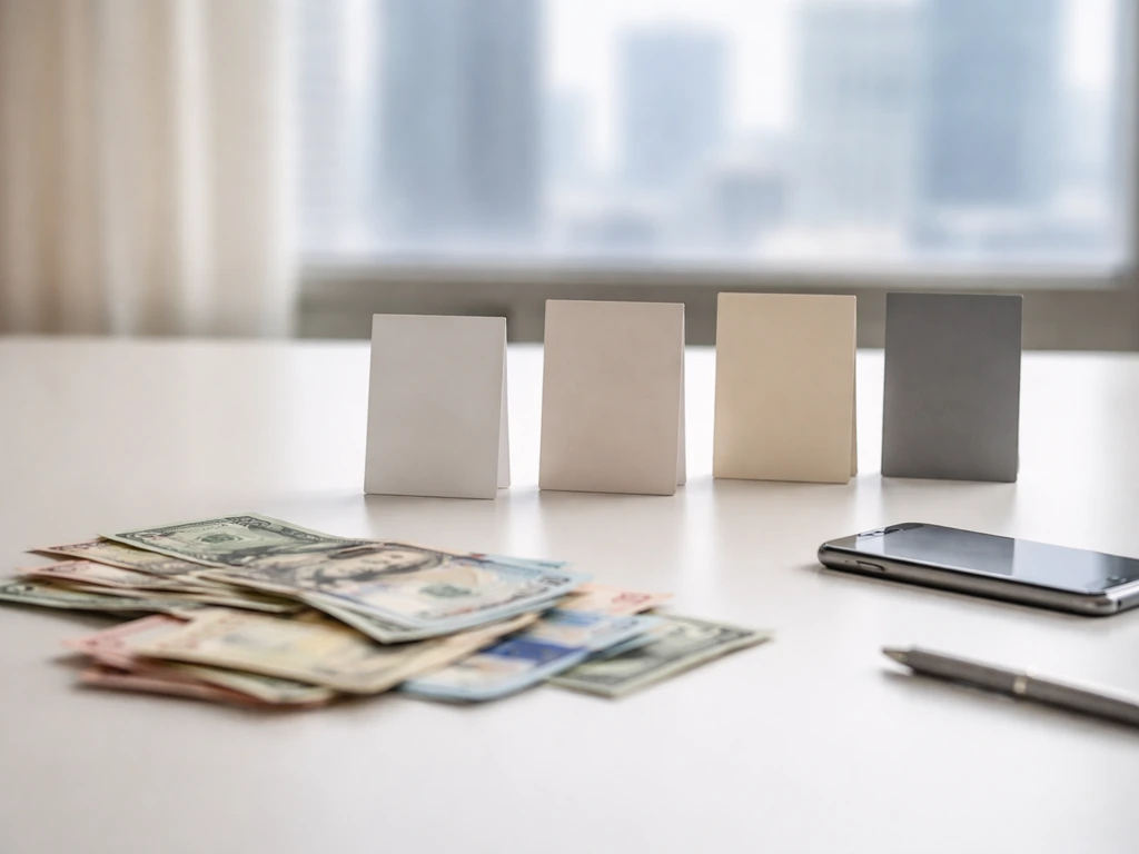 Minimal desk scene with scattered currency and two blank cards suggesting differing net-worth estimates