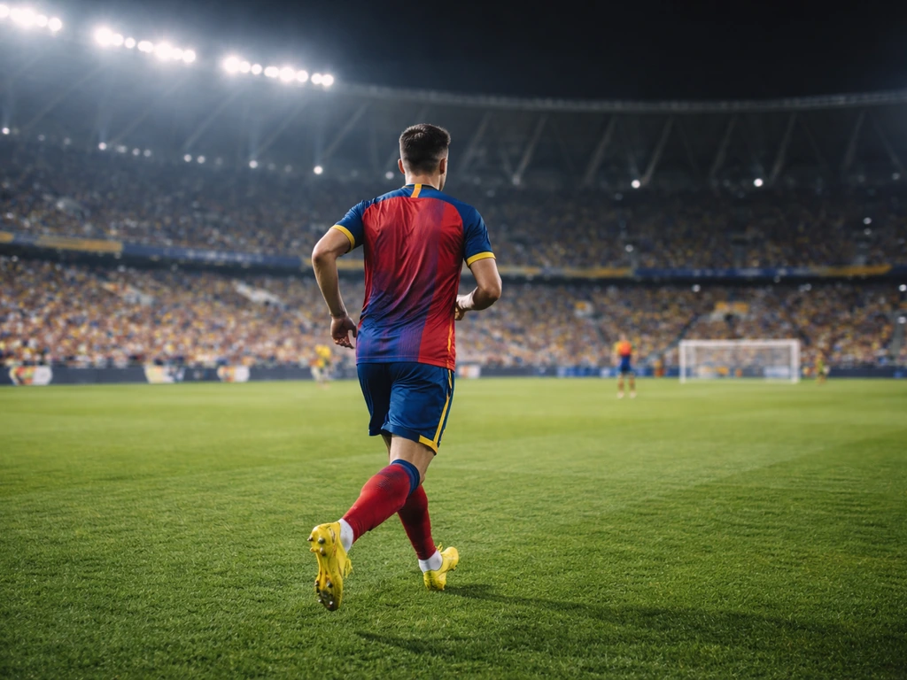 Cristiano Ronaldo in an Al Nassr match setting, stadium lights and green pitch at night