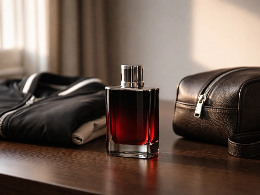 Luxury fragrance bottle, jacket, and leather bag on a dark desk in natural light.