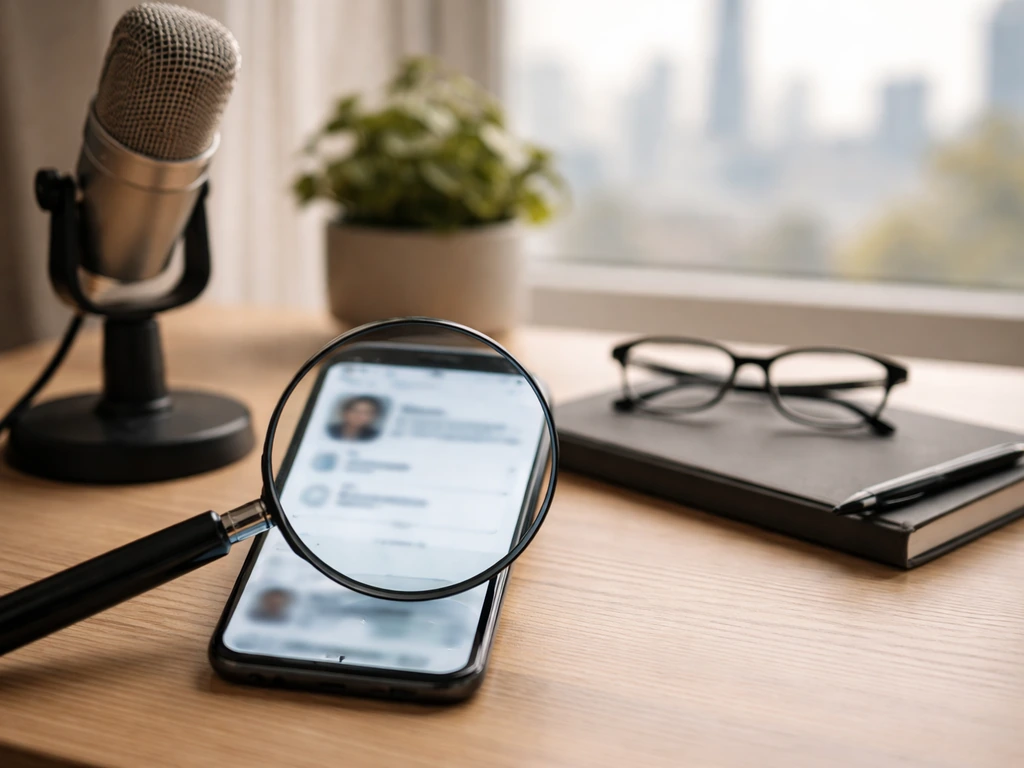 Podcast desk with microphone and a magnifying glass inspecting a blurred creator profile on a phone.