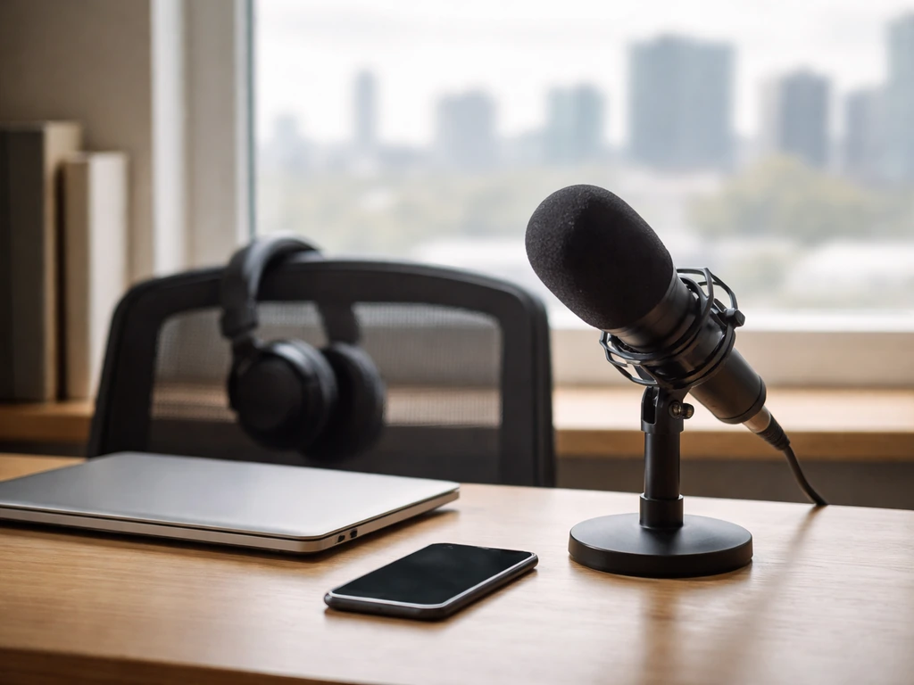 Minimal media workspace with a microphone, closed laptop, and off phone screen for identity verification context.
