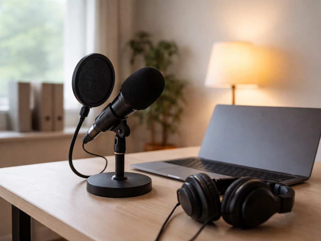Podcast studio microphone and headphones on a desk, suggesting audio advertising income sources.