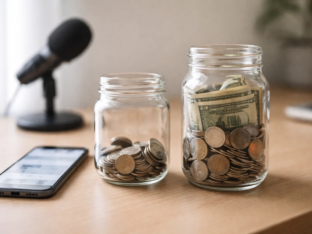 Coins in two glass jars on a desk, with a blurred finance phone and podcast mic in the background.