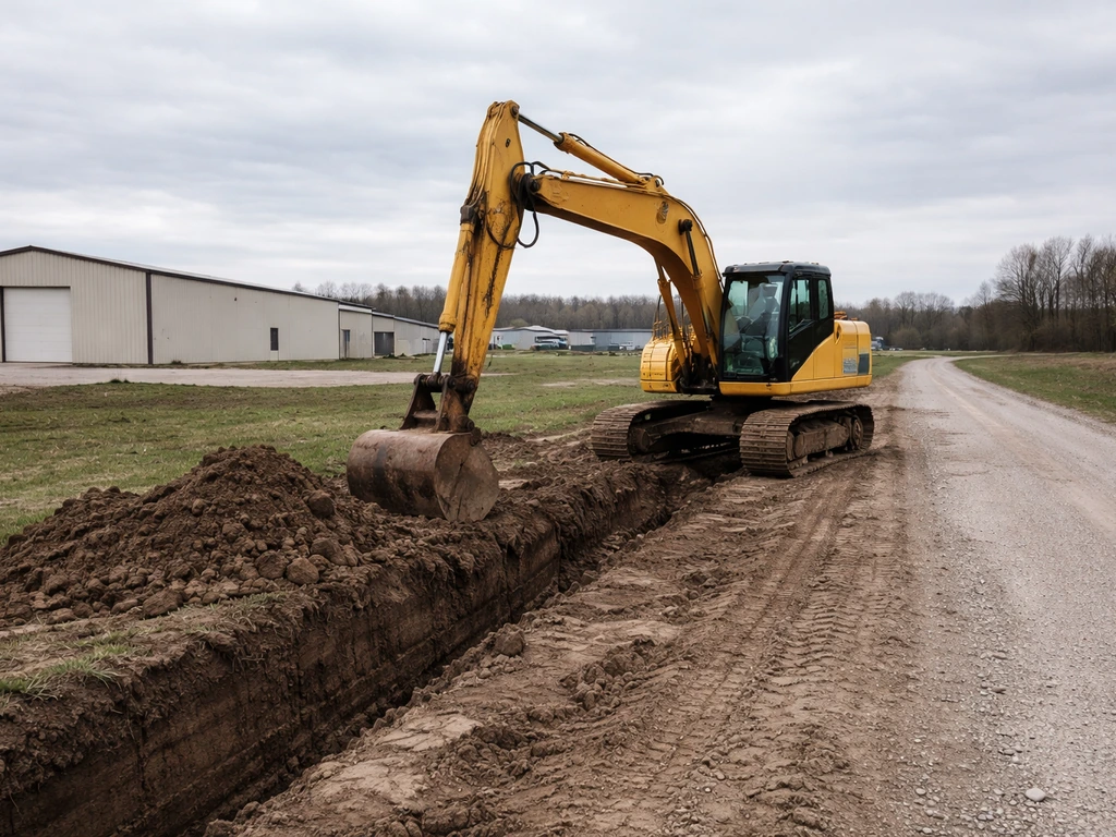 Excavator at a quiet dirt excavation site in Southern Indiana, symbolizing construction business activity.