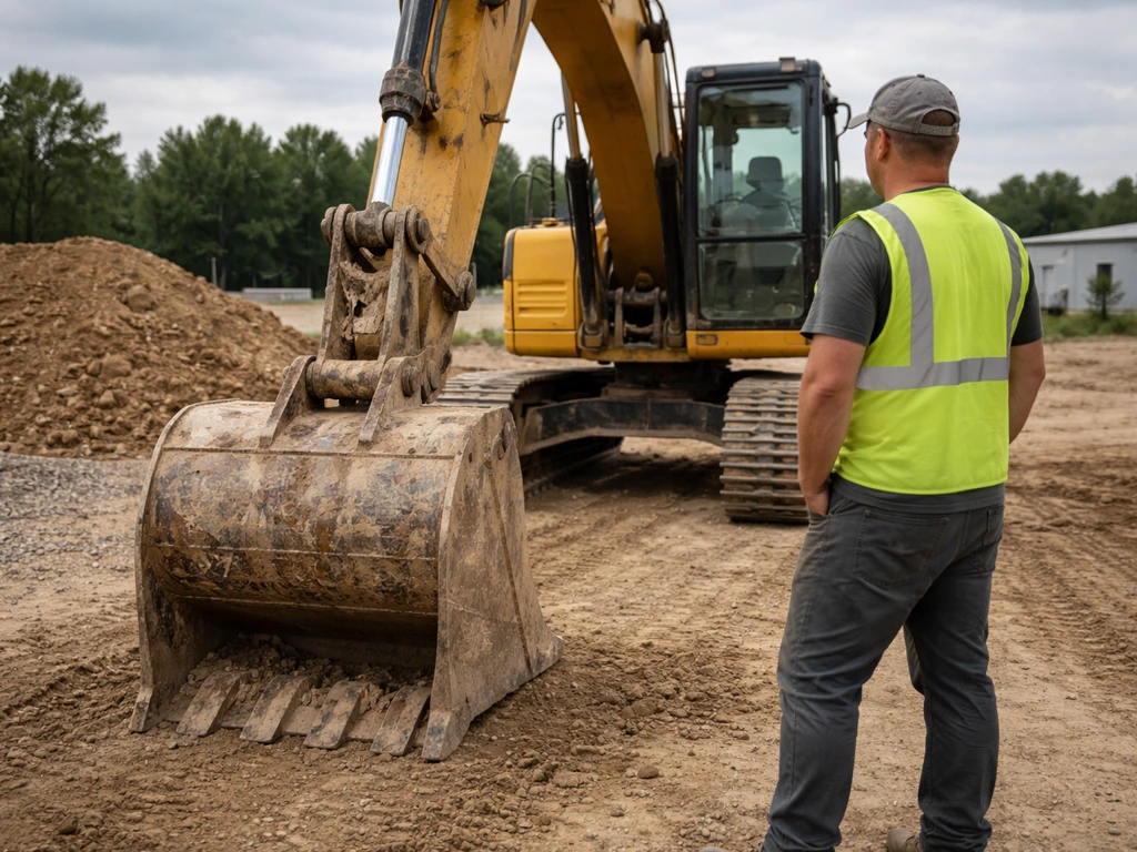 Anonymous construction worker in a safety vest stands by an excavator at a rural Southern Indiana job site.