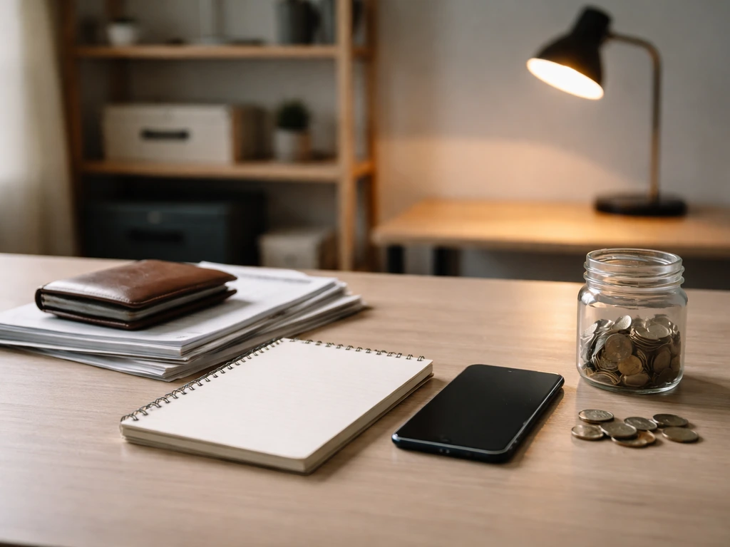 Minimal desk scene with wallet, papers, coins jar, and smartphone implying assets and liabilities.