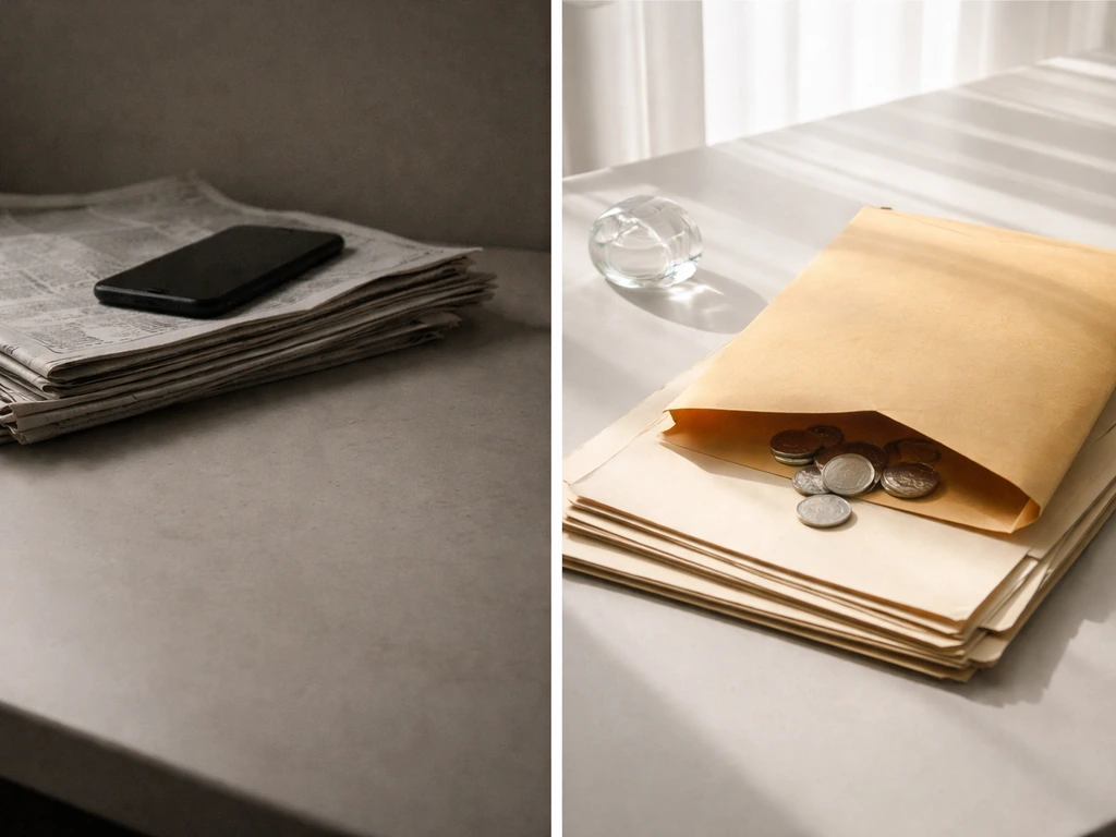 Split view of a dim newspaper desk and a transparent envelope with coins, symbolizing media and filings sources