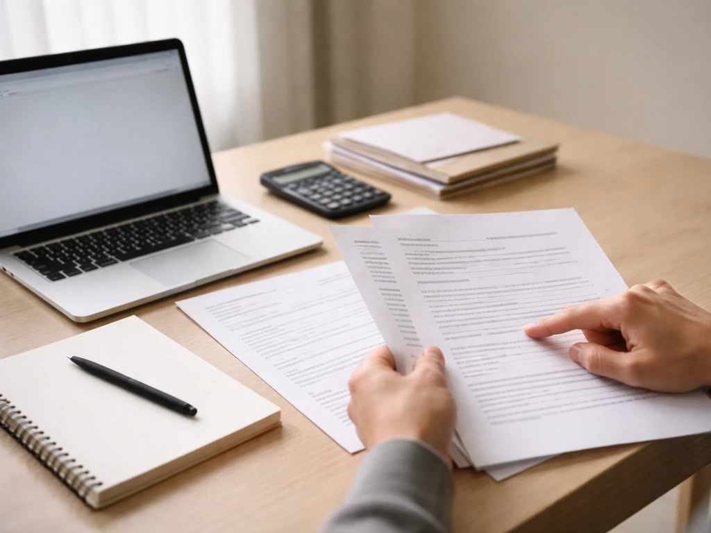 Person reviewing business documents in a simple home office with a notebook, calculator, and laptop