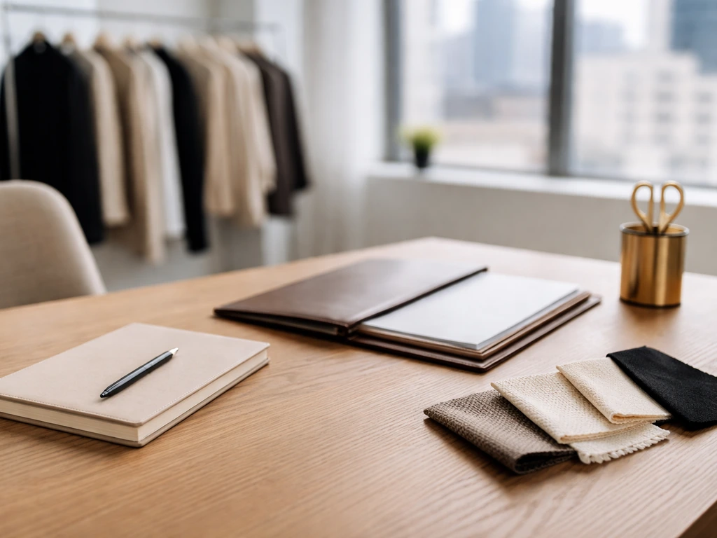 Minimal office desk scene with fashion-industry cues, evoking net-worth research without showing a person