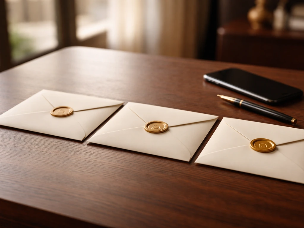 Minimal desk scene with a smartphone, fountain pen, and three envelopes suggesting pay components for luxury executives