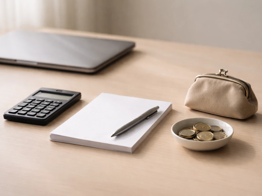 Minimal desk scene with scattered papers and a calculator suggesting proxy net-worth estimation when data is missing.