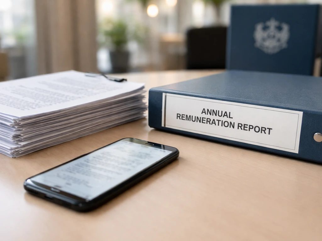 Close-up of corporate remuneration report documents on a desk next to a phone, blurred and unreadable.