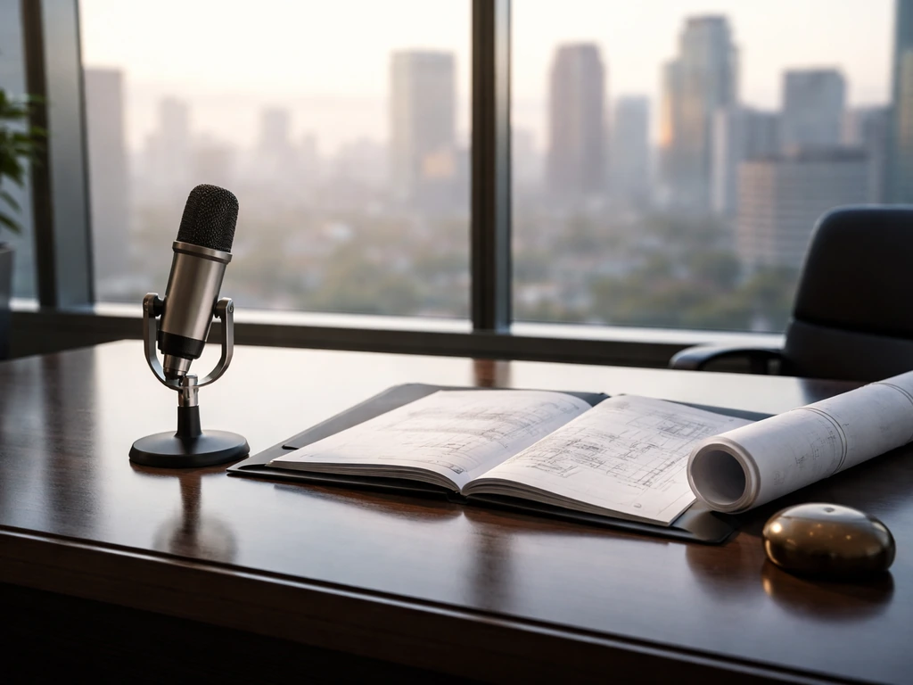 Modern office desk with blueprint portfolio and microphone, city skyline through windows—no people shown.