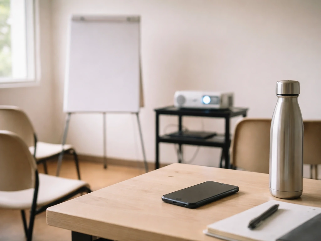 Minimal classroom workshop scene with a phone on a table and projector equipment, no people shown