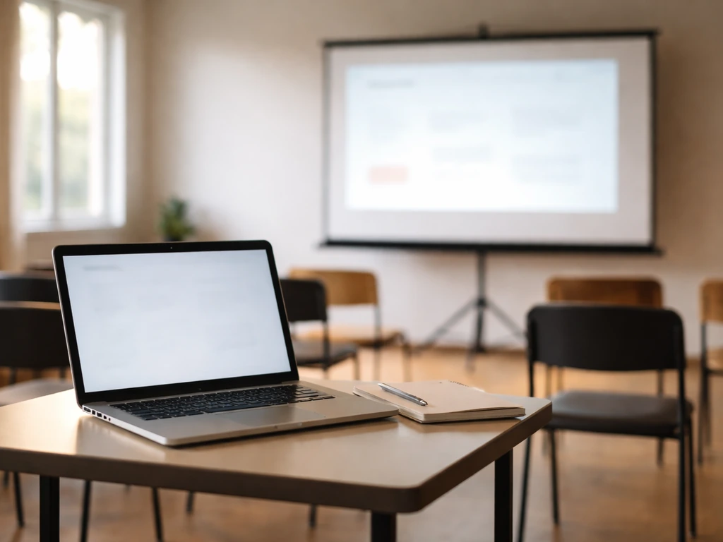 Minimal classroom workshop scene with a laptop and screen setup symbolizing speaking engagements