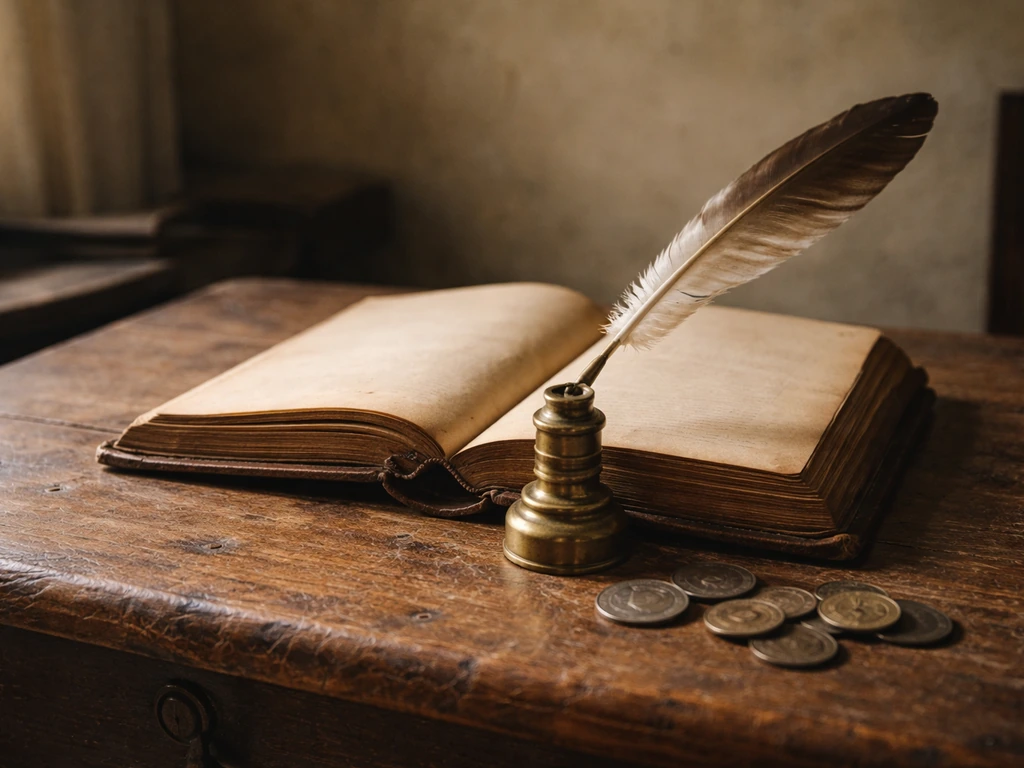 Close-up of an antique leather-bound book and quill beside tarnished coins, symbolizing political wealth history.