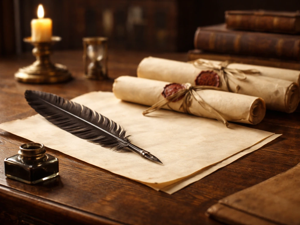 Renaissance desk with quill, parchment, and sealed official documents suggesting Machiavelli’s Florentine government pay