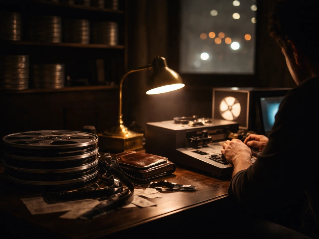 Dim film-editing desk with 35mm reels and warm lamp light, symbolizing a horror-thriller filmmaking legacy.
