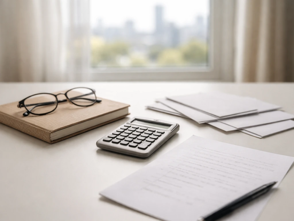 Minimal studio desk with calculator and blurred documents, symbolizing net worth estimate calculation.