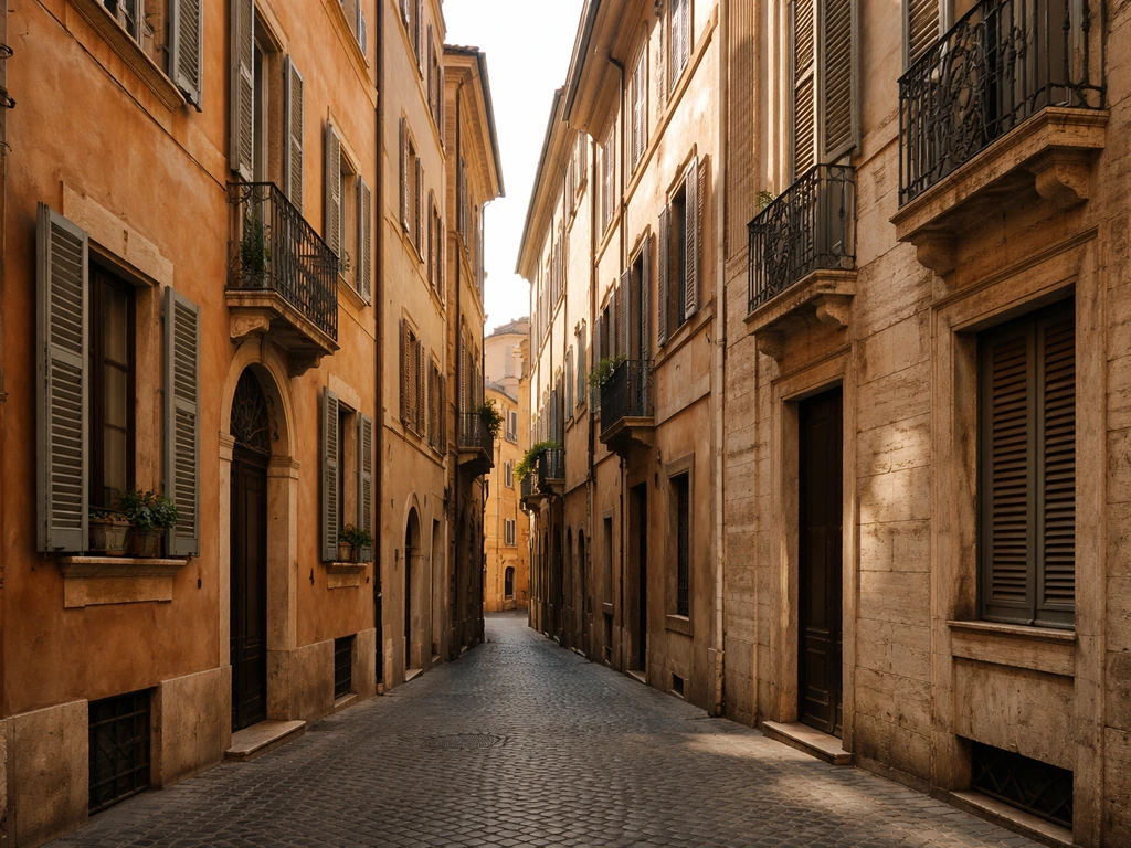 Sunlit historic building facade on a quiet Roman street
