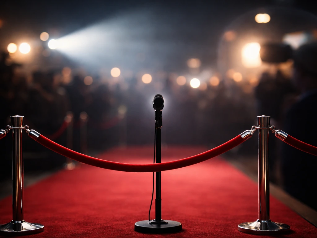 Empty red carpet at a film premiere with a microphone and velvet rope barrier in soft light.