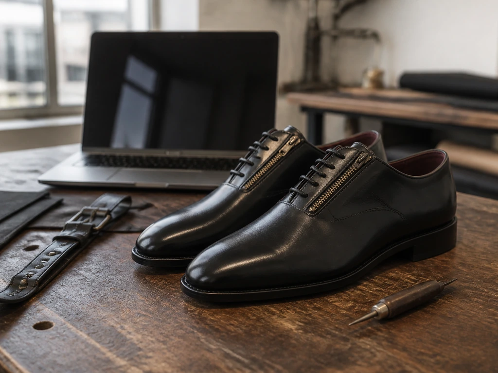 Close-up of luxury shoes on a designer workbench with a single laptop, symbolizing Giuseppe Zanotti style.