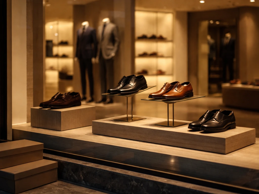 Luxury shoe boutique window with neatly displayed high-end footwear and minimal store interior