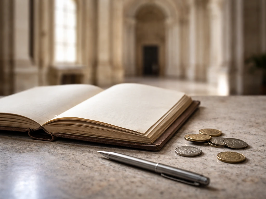 Neutral Vatican-like desk scene with a ledger and coins suggesting verifying a net-worth estimate.