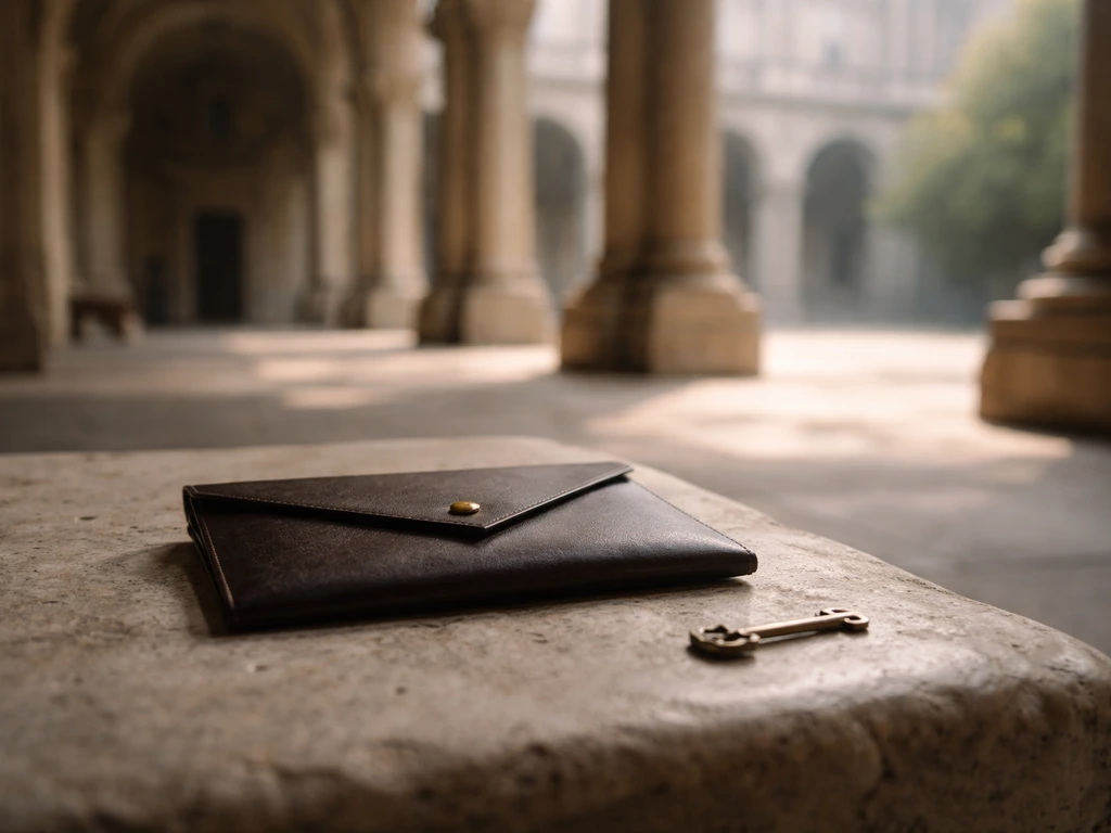 A Vatican-like courtyard in soft light with a blurred gold key and dark money envelope nearby