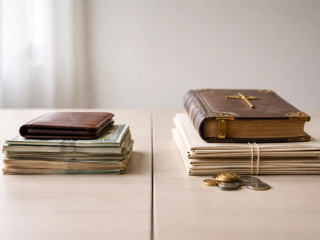 Split scene showing two separate piles: personal-style cash in one side and church/curial funds in the other, symbolizin