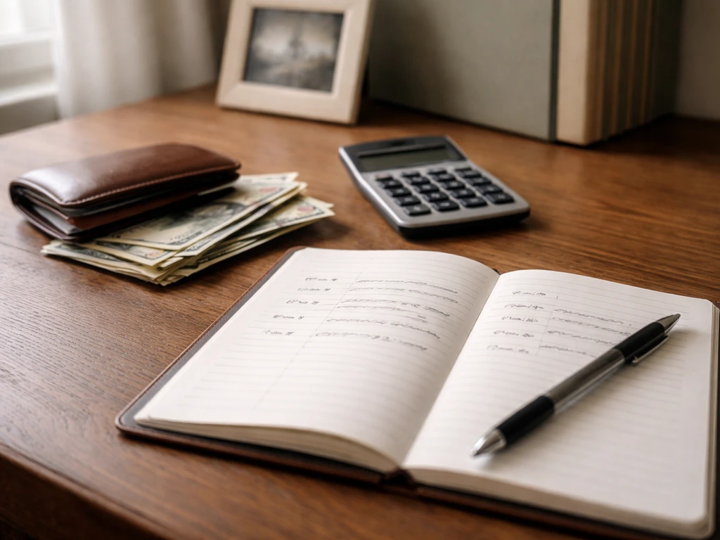 Close-up of a notebook with handwritten dates and cash beside a calculator on a desk