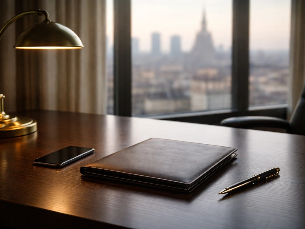 Upscale office desk with leather portfolio and pen near a window, symbolizing banking and wealth analysis.