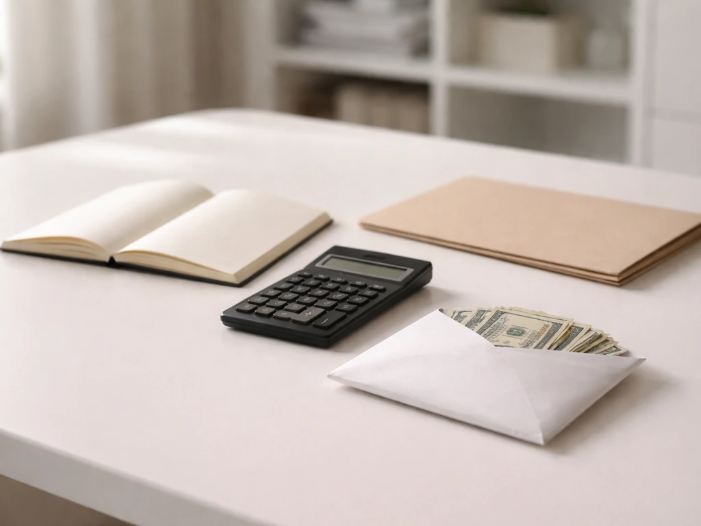 Minimal photo of a tidy office desk with a calculator, notebook, and a blurred money envelope symbolizing net worth.