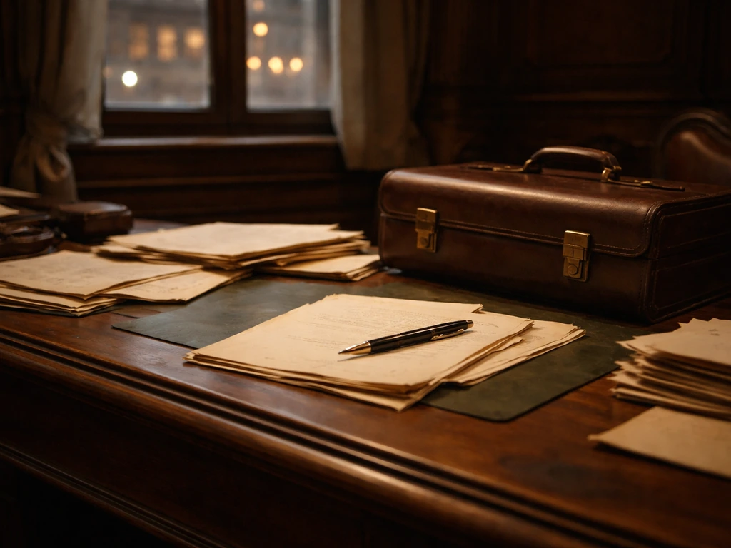 Dimly lit vintage office desk with Italian business papers and a pen, symbolizing a banking career.