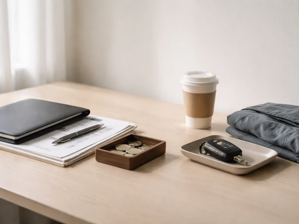 Minimal desk scene showing assets-instruments on one side and everyday lifestyle items on the other.