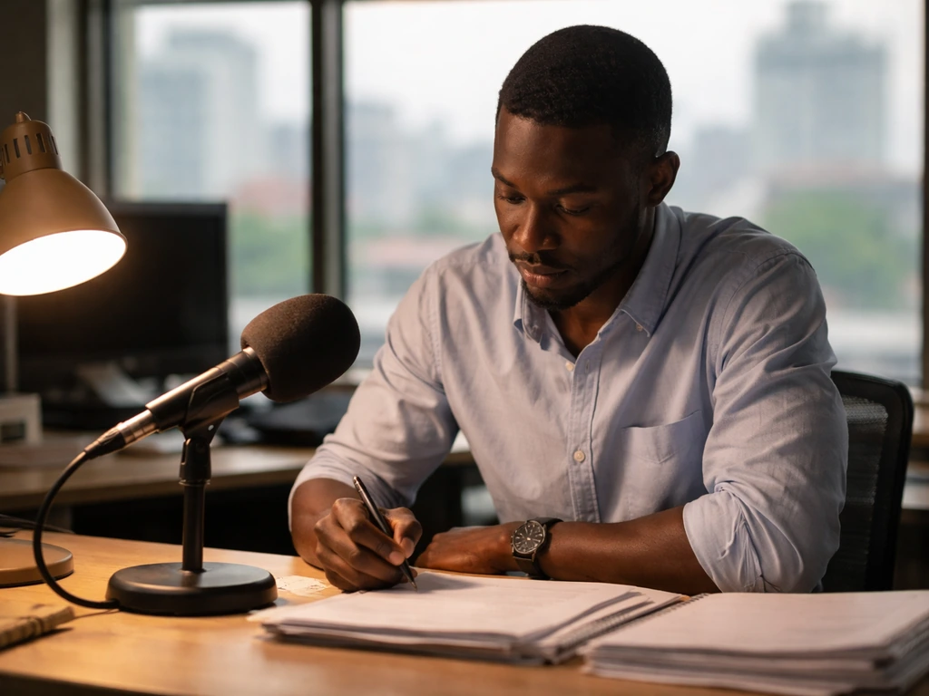 Nigerian journalism newsroom scene with an anonymous media professional and microphone