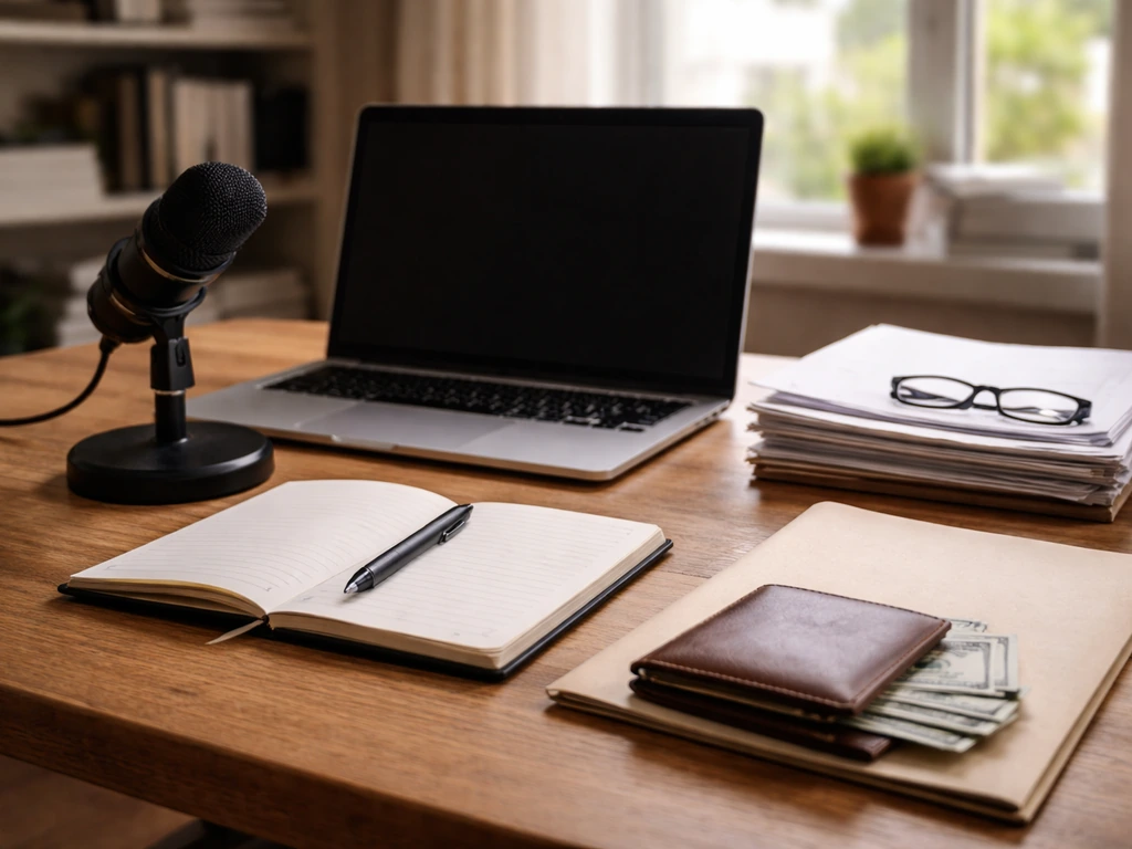 Journalism-themed desk scene with scattered documents and a laptop near a microphone, symbolizing media income sources.
