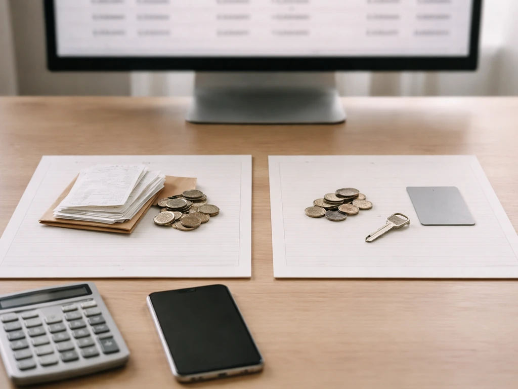 Minimal desk scene with coins and ledger-style pages suggesting assets versus liabilities.