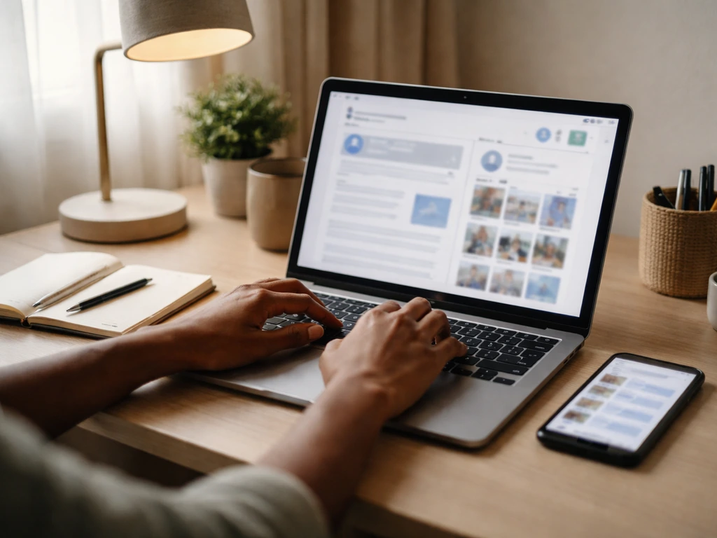 Minimal office scene with laptop and smartphone showing verification workflow for an online media presence