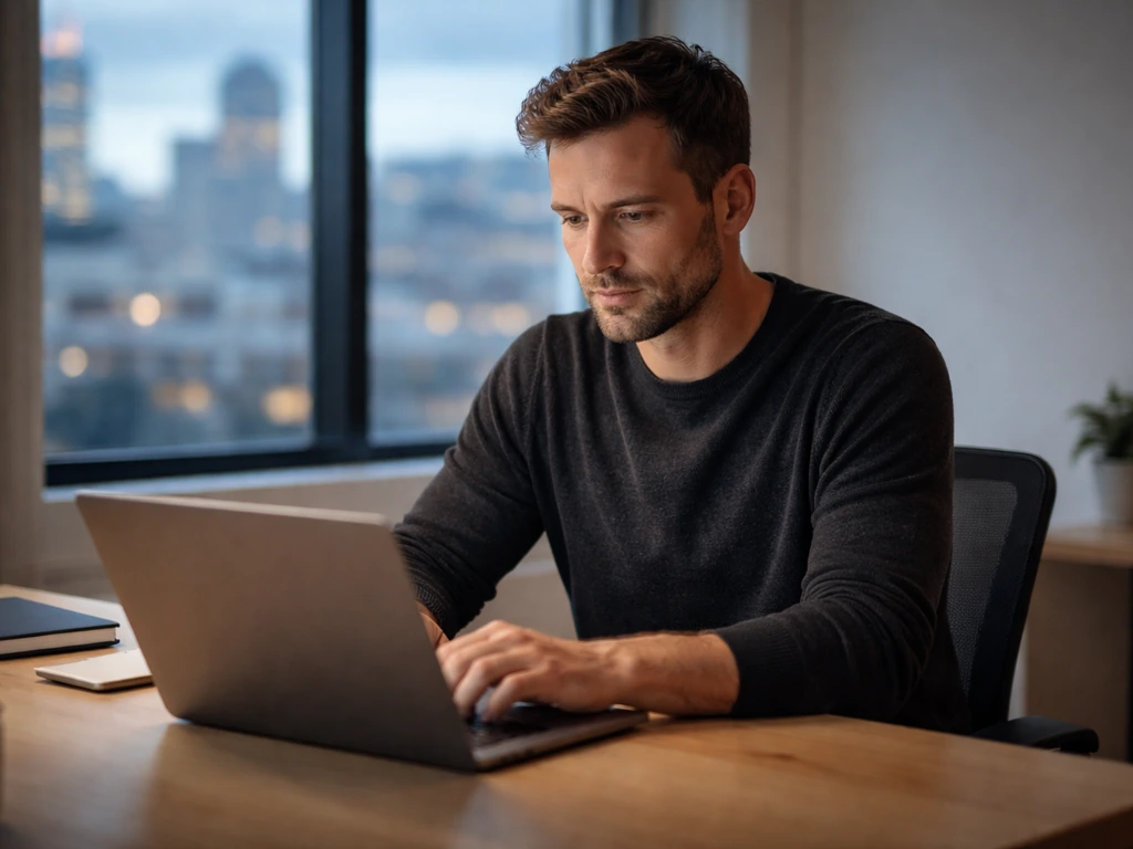 Anonymous tech founder working at a minimal desk with laptop in a bright Bay Area office.